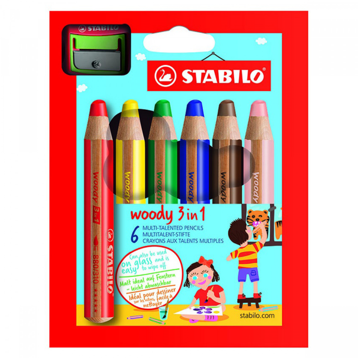 Läs mer om Stabilo Woody 3-in-1 Färgpennor 6-set + vässare