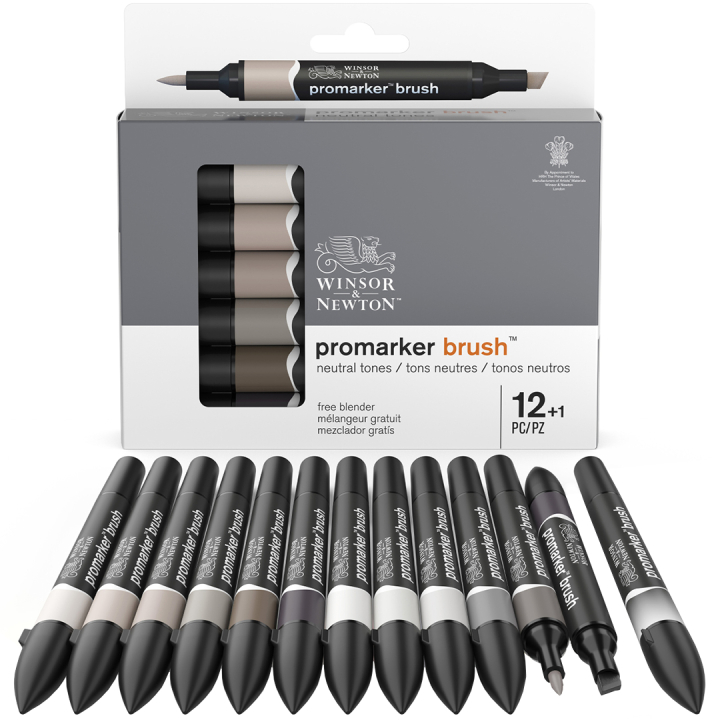 Promarker Brush Neutral Tones 12-set + Blender i gruppen Pennor / Konstnärspennor / Illustrationsmarkers hos Pen Store (100556)
