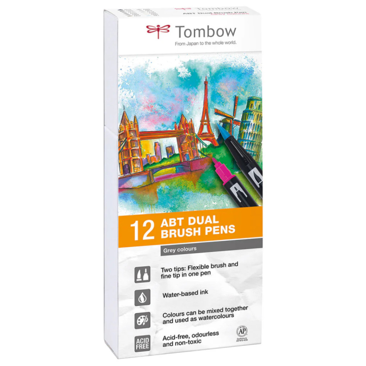 ABT Dual Brush pen 12-set Grey i gruppen Pennor / Konstnärspennor / Penselpennor hos Pen Store (101093)