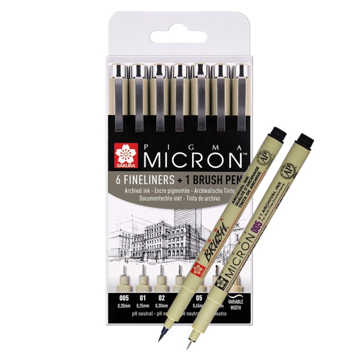 Läs mer om Sakura Pigma Micron Fineliner 6-set + 1 Brush Pen