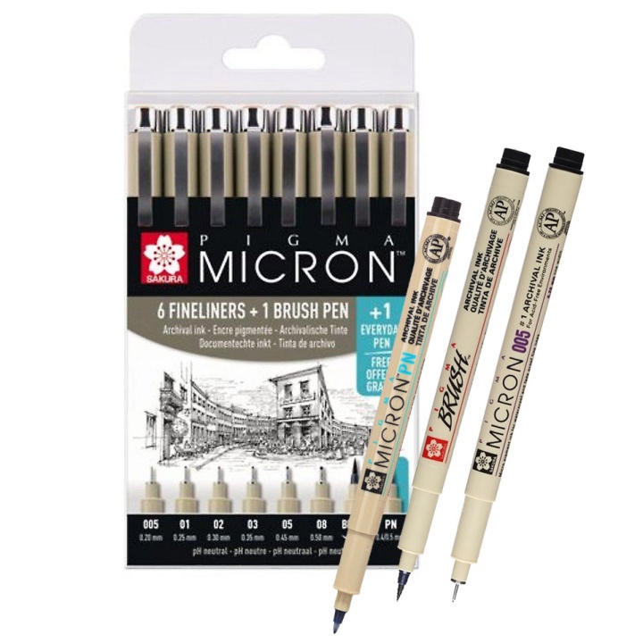 Läs mer om Sakura Pigma Micron Fineliner 6-set + 1 Brush Pen + 1 PN