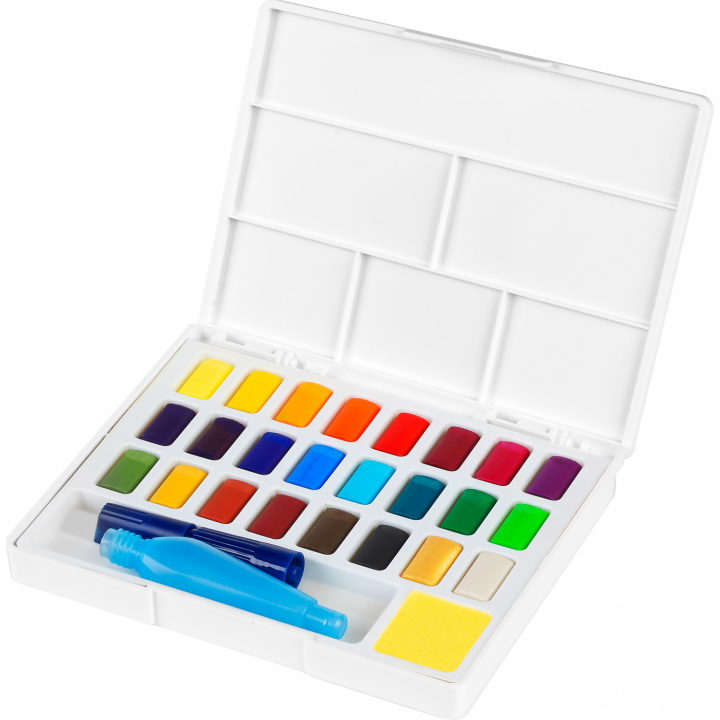 Akvarellset 24 färger helkopp + vattenpensel i gruppen Konstnärsmaterial / Färger / Akvarellfärg hos Voorcrea (111744)