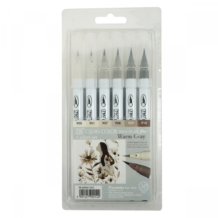 Clean Color Real Brush 6-pack Varmgrå i gruppen Pennor / Konstnärspennor / Akvarellpennor hos Pen Store (126933)