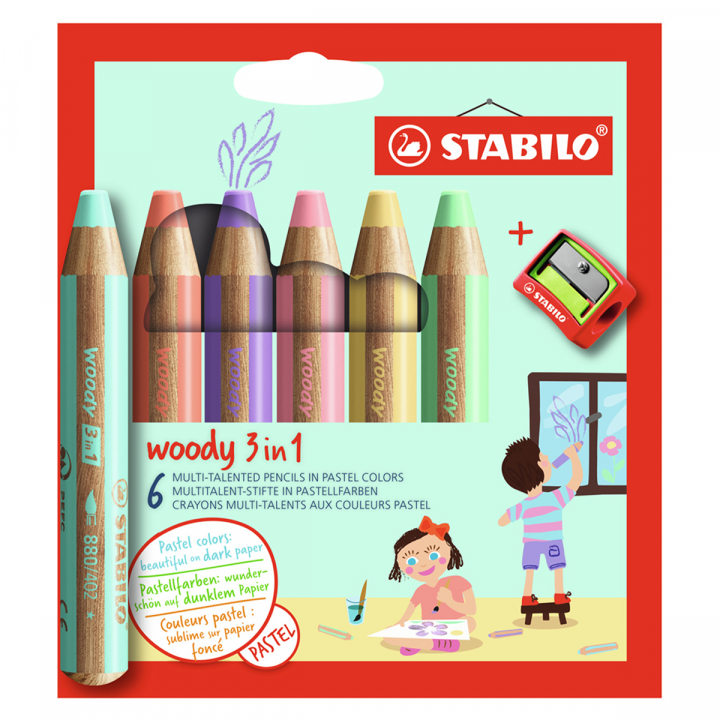 Woody 3-in-1 Färgpennor Pastell 6-set + vässare (3 år+) i gruppen Kids / Barnpennor / Färgpennor för barn hos Voorcrea (127789)