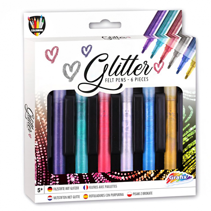 Läs mer om Grafix Glitterpennor filtspets 6-set