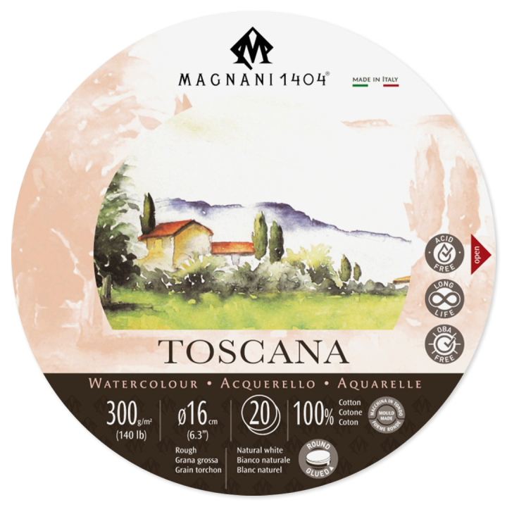 Läs mer om Magnani Akvarellblock Rund Toscana 100% Bomull 300g 16 cm 20 ark