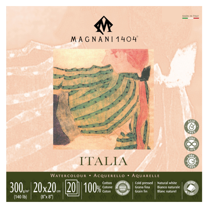 Läs mer om Magnani Akvarellblock Italia 100% Bomull 300g Fin Gräng 20x20 cm 20 ark