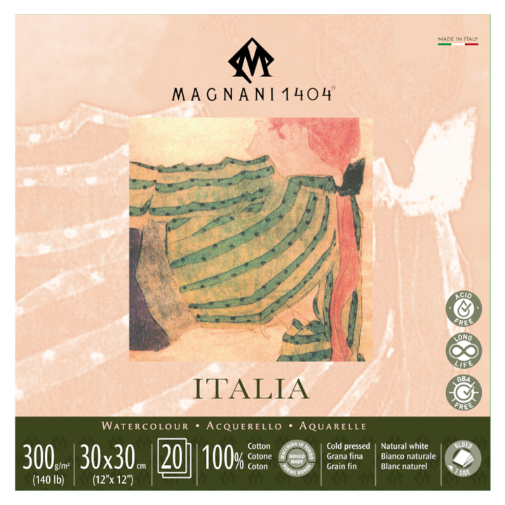 Läs mer om Magnani Akvarellblock Italia 100% Bomull 300g Fin Gräng 30x30 cm 20 ark