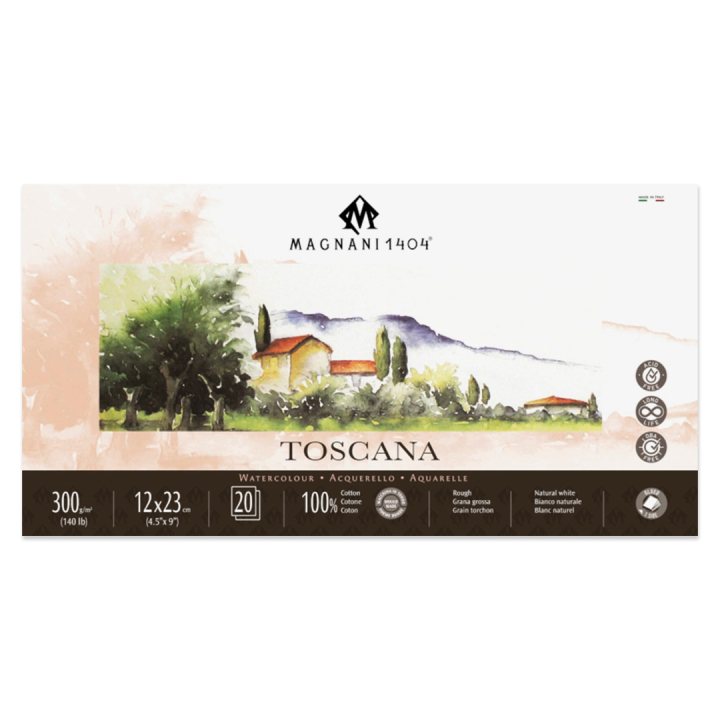 Läs mer om Magnani Akvarellblock Toscana 100% Bomull 300g Grov Gräng 12x23 cm 20 ark