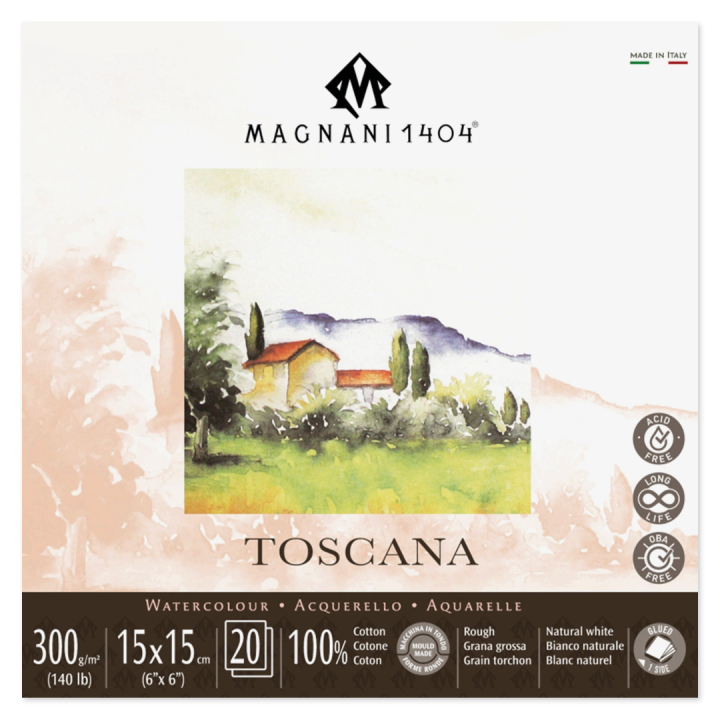 Läs mer om Magnani Akvarellblock Toscana 100% Bomull 300g Grov Gräng 15x15 cm 20 ark