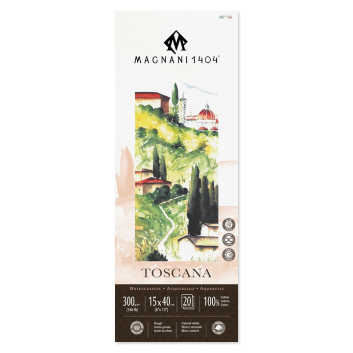 Läs mer om Magnani Akvarellblock Toscana 100% Bomull 300g Grov Gräng 15x40 cm 20 ark