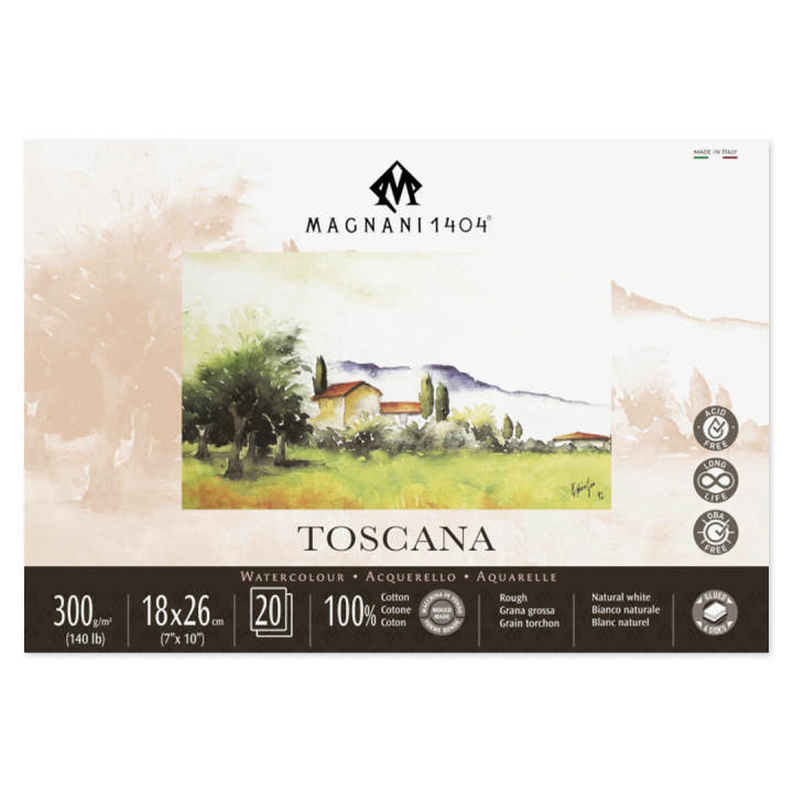 Läs mer om Magnani Akvarellblock Toscana 100% Bomull 300g Grov Gräng 18x26 cm 20 ark
