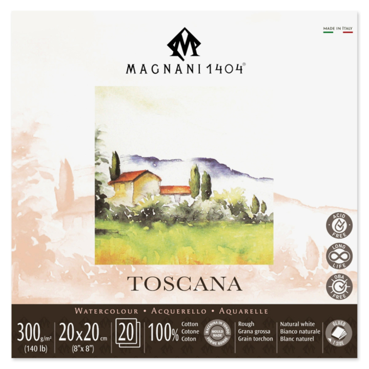 Läs mer om Magnani Akvarellblock Toscana 100% Bomull 300g Grov Gräng 20x20 cm 20 ark