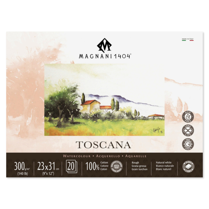 Läs mer om Magnani Akvarellblock Toscana 100% Bomull 300g Grov Gräng 23x31 cm 20 ark