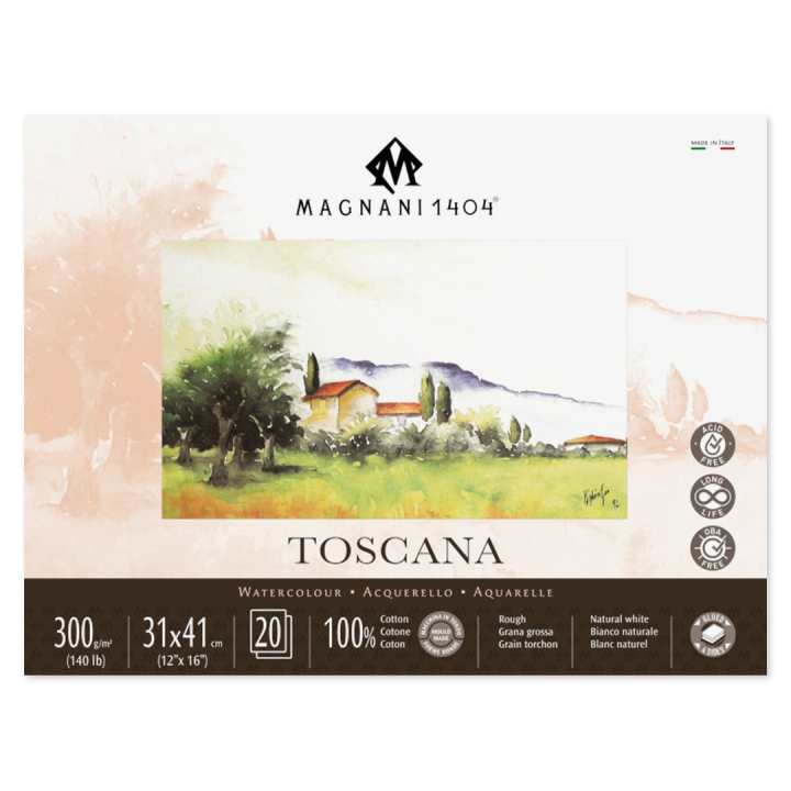 Läs mer om Magnani Akvarellblock Toscana 100% Bomull 300g Grov Gräng 31x41 cm 20 ark