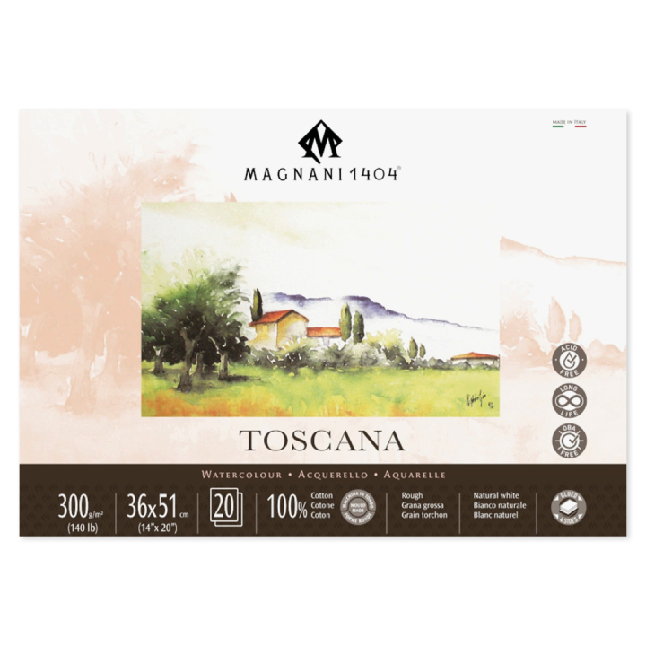 Läs mer om Magnani Akvarellblock Toscana 100% Bomull 300g Grov Gräng 36x51 cm 20 ark