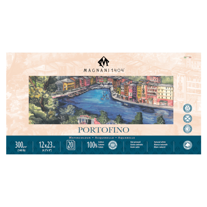 Läs mer om Magnani Akvarellblock Portofino 100% Bomull 300g Satin 12x23 cm 20 ark