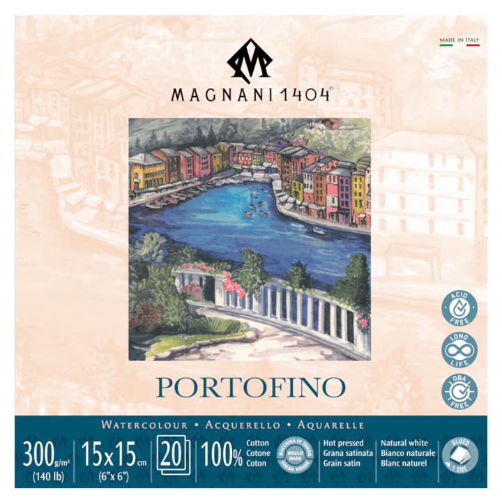 Läs mer om Magnani Akvarellblock Portofino 100% Bomull 300g Satin 15x15 cm 20 ark