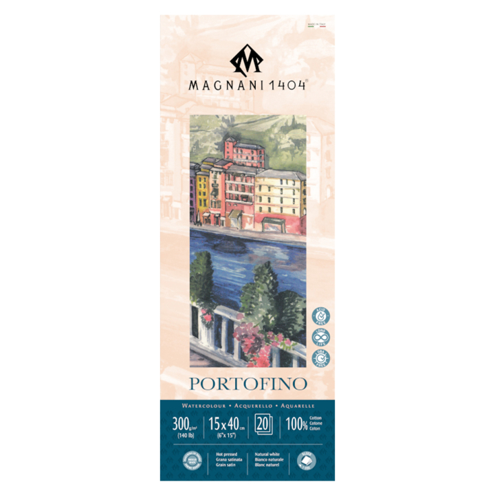 Läs mer om Magnani Akvarellblock Portofino 100% Bomull 300g Satin 15x40 cm 20 ark