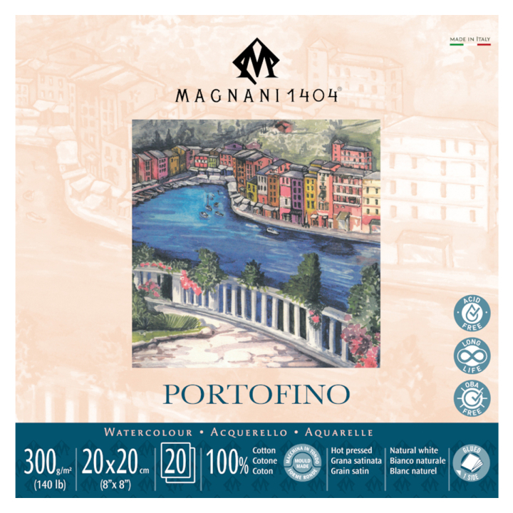 Läs mer om Magnani Akvarellblock Portofino 100% Bomull 300g Satin 20x20 cm 20 ark