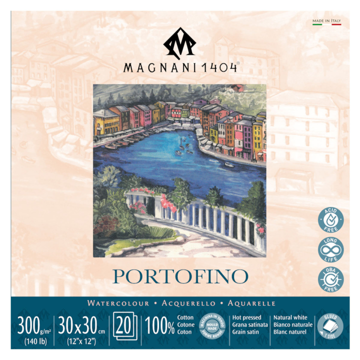 Läs mer om Magnani Akvarellblock Portofino 100% Bomull 300g Satin 30x30 cm 20 ark