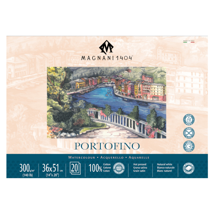 Läs mer om Magnani Akvarellblock Portofino 100% Bomull 300g Satin 36x51cm 20 ark