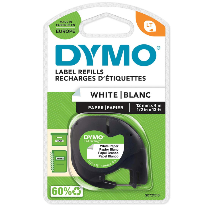 Läs mer om DYMO LetraTag pappersetiketter 12mm x 4m Black on White