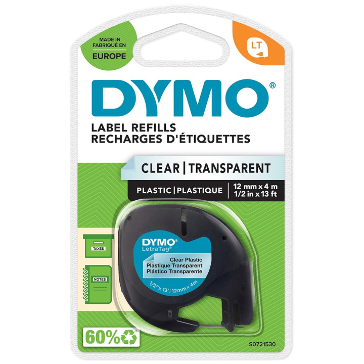 Läs mer om DYMO LetraTag plastetiketter 12mm x 4m Black on White