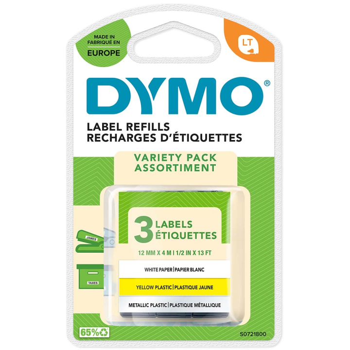 Läs mer om DYMO LetraTag plastetiketter 12mm x 4m 3-pack