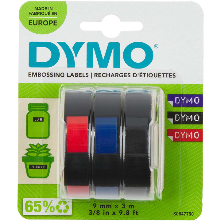 Läs mer om DYMO Självhäftande präglingstejp 9mm x 3m Red/Blue/Black 3-pack