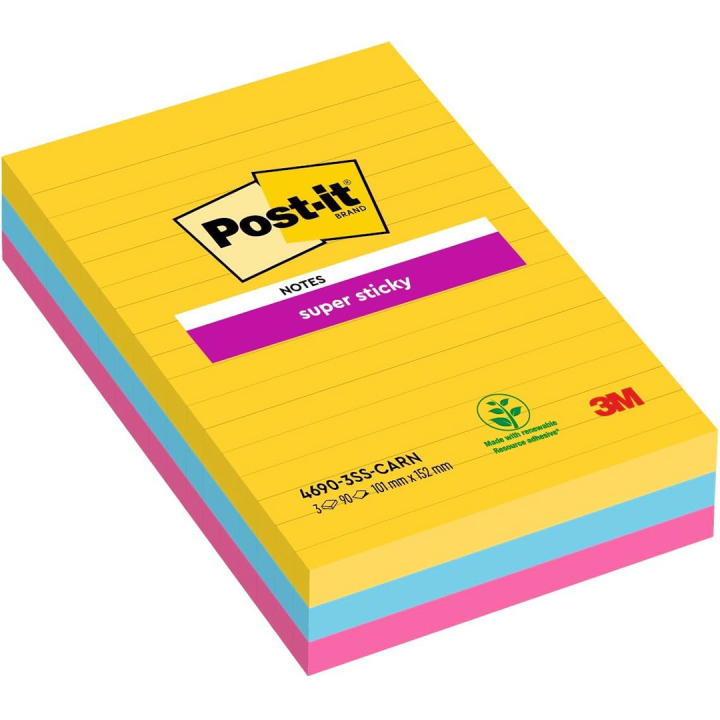 Post-it Super Sticky 101x152 Färgmix Carnival Linjerad 3-pack i gruppen Papper & Block / Skriva och anteckna / Post-it och notisblock hos Pen Store (135725)