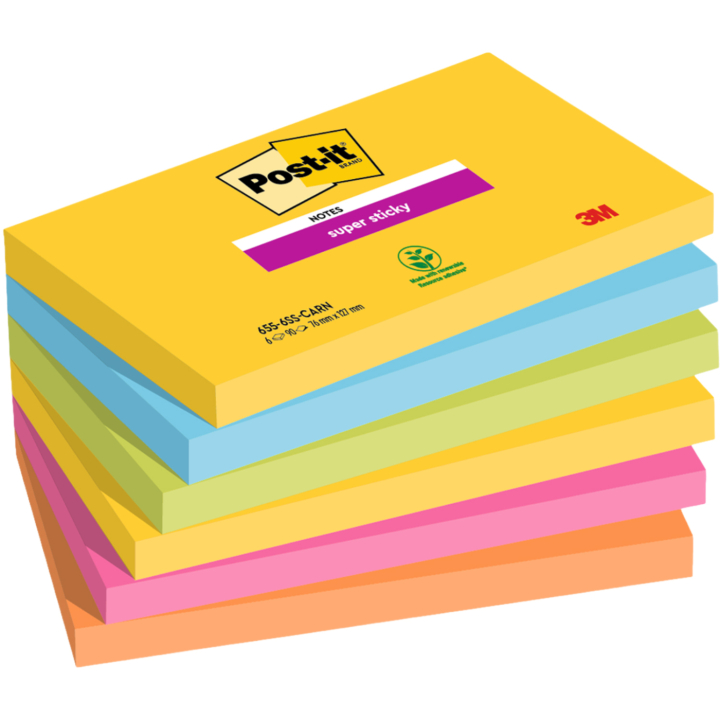 Post-It Super Sticky 76x127 Färgmix Carnival 6-pack i gruppen Papper & Block / Skriva och anteckna / Post-it och notisblock hos Pen Store (135731)