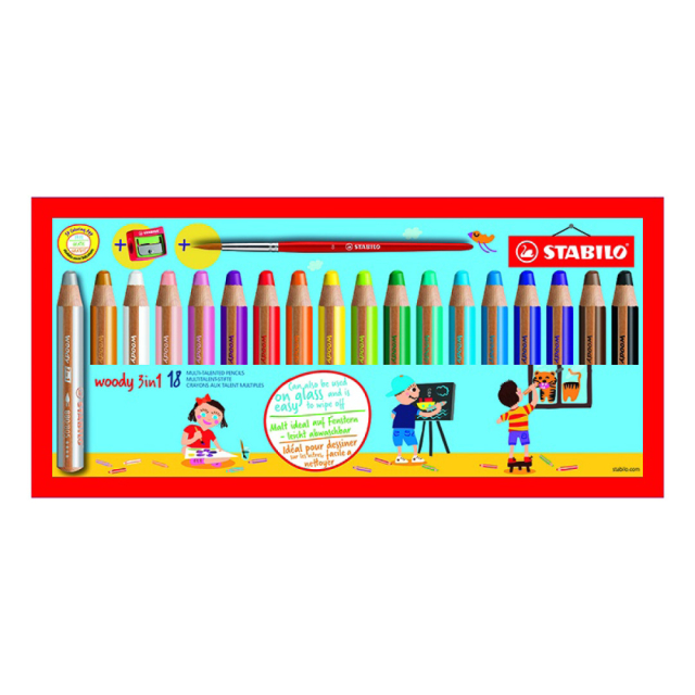 Woody 3-in-1 Färgpennor 18-set + vässare och pensel (3 år+)