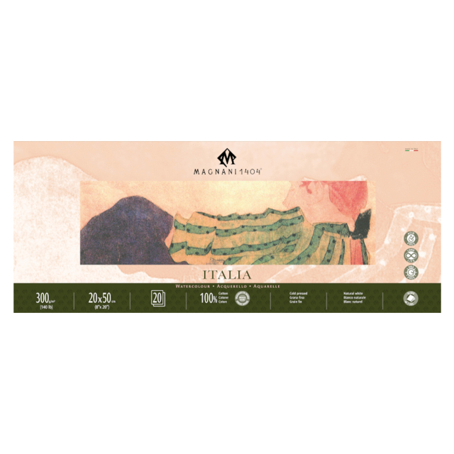 Akvarellblock Italia 100% Bomull 300g Fin Gräng 20x50 cm 20 ark