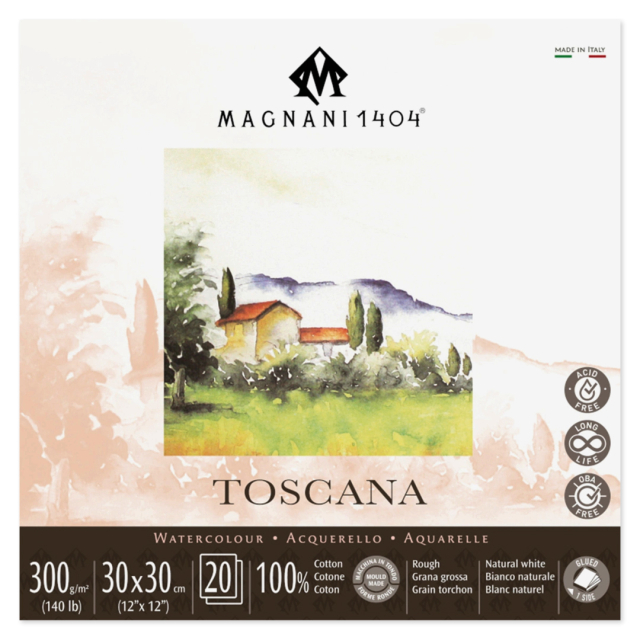 Akvarellblock Toscana 100% Bomull 300g Grov Gräng 30x30 cm 20 ark
