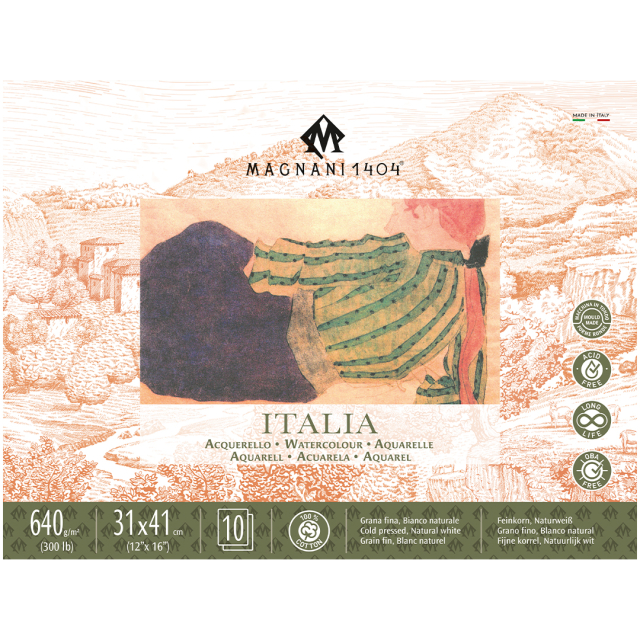 Akvarellblock Italia 100% Bomull 640g Fin Gräng 31x41 cm 10 ark