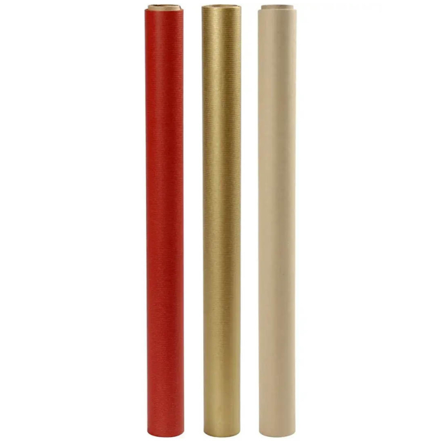 Presentpapper 3-pack 50cm x 5m Kraft/Guld/Röd