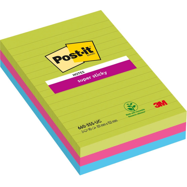Post-it Super Sticky 101x152 Färgmix Neon Linjerad 3-pack