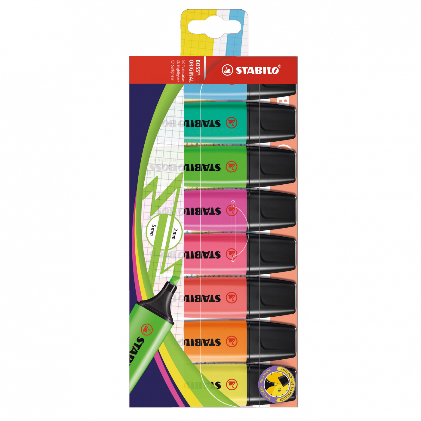 Produktfoto för STABILO Överstrykningspenna BOSS® ORIGINAL olika fluorescerande färger, snedskuren spets, 2 + 5 mm, 8 stycken i en plastförpackning, 70/8