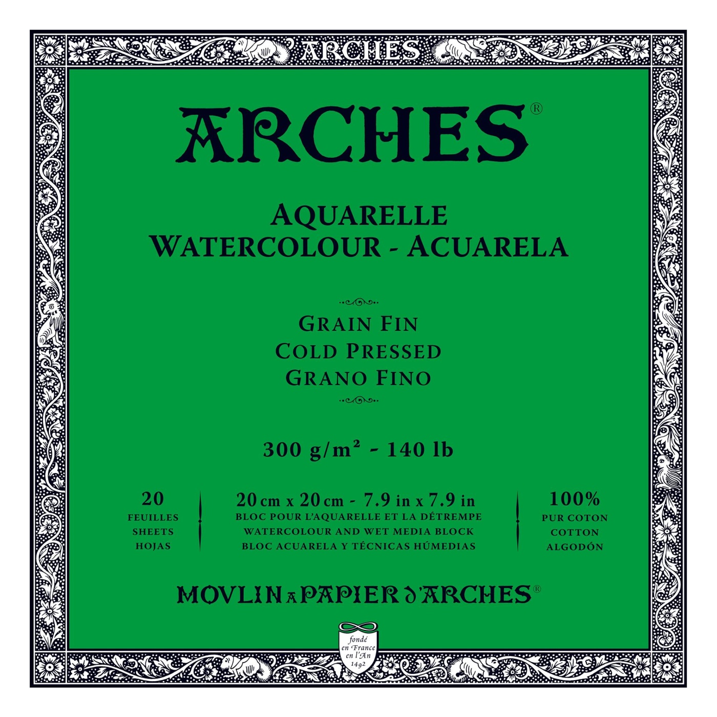 Arches Akvarellblock CP hellimmat 300g 20x20 cm