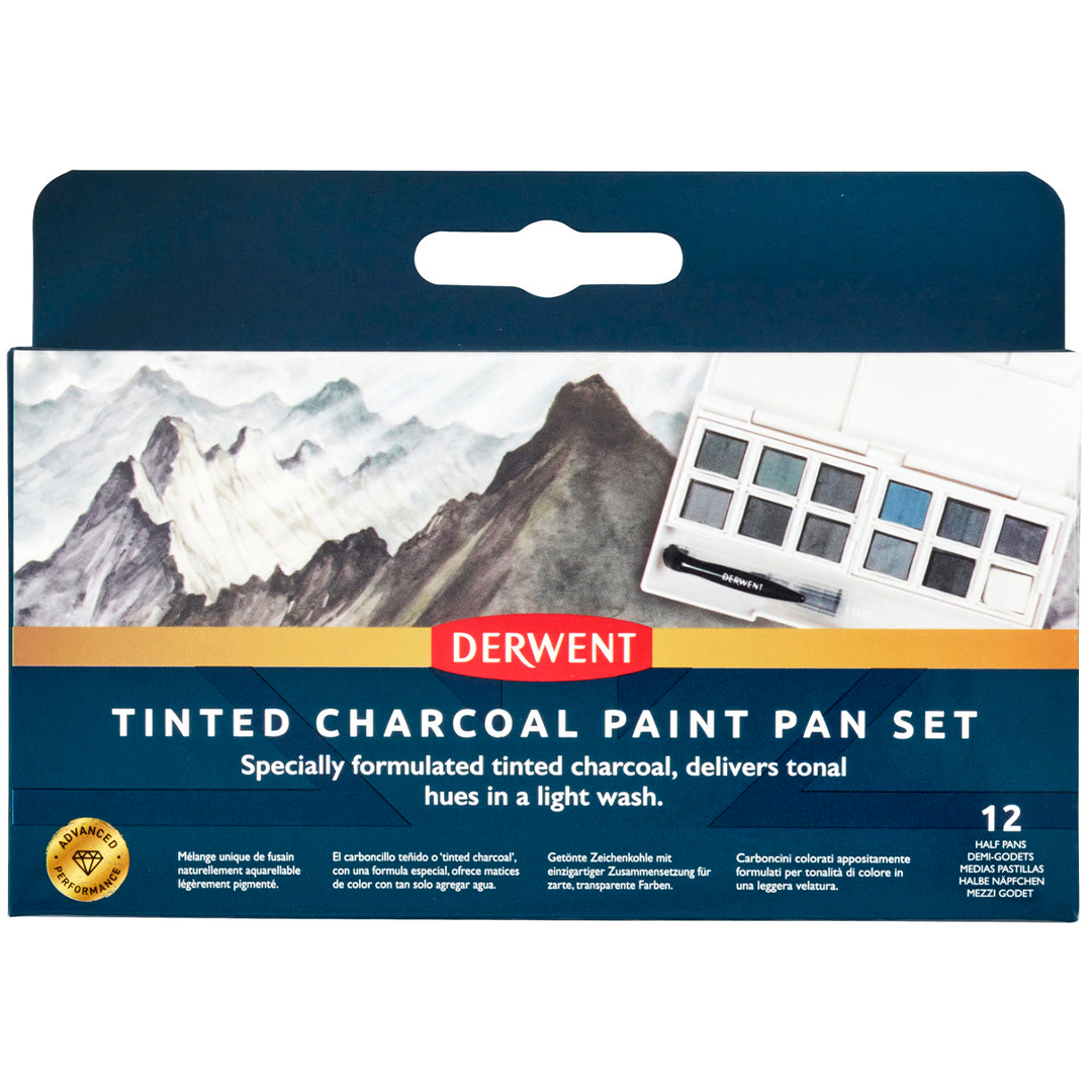 Derwent Tinted Charcoal Paint Pan 12-set halvkoppar | Konstnärsmaterial - Konstnärsfärger - Akvarellfärg - Akvarellfärg i kopp | HobbyPyssel