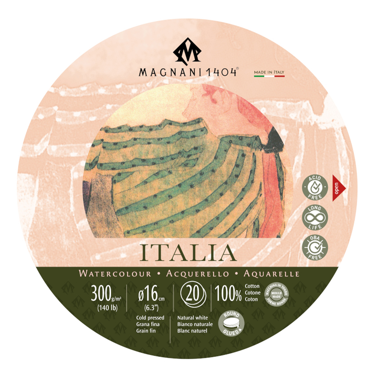 Magnani Akvarellblock Rund Italia 100%Bomull 20 ark