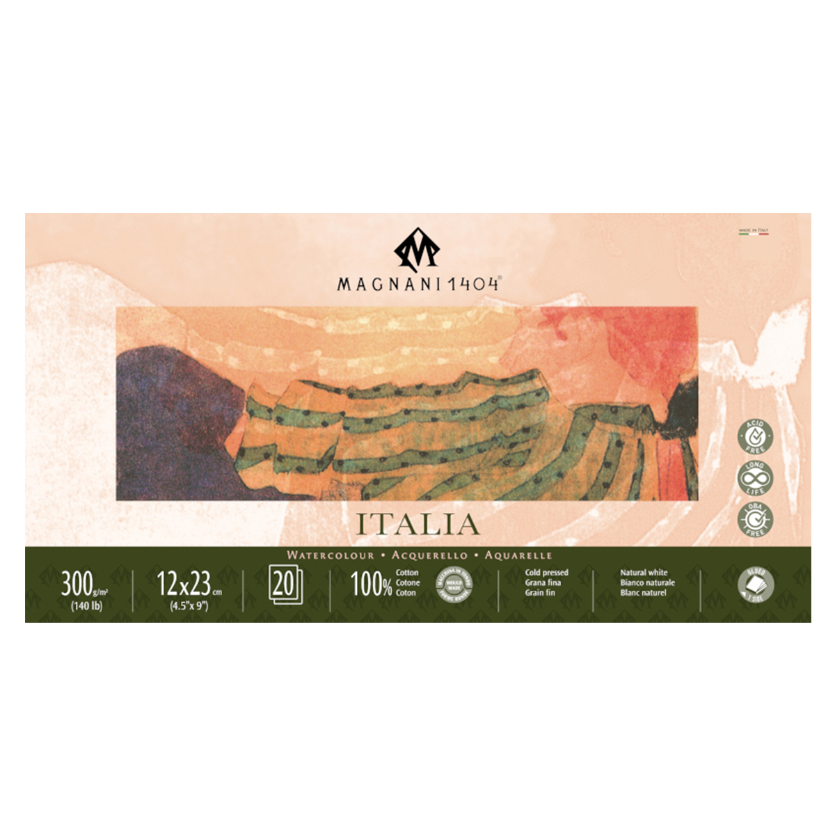 Magnani Akvarellblock Italia 100%Bomull Fin Gräng 12x23 cm 20 ark
