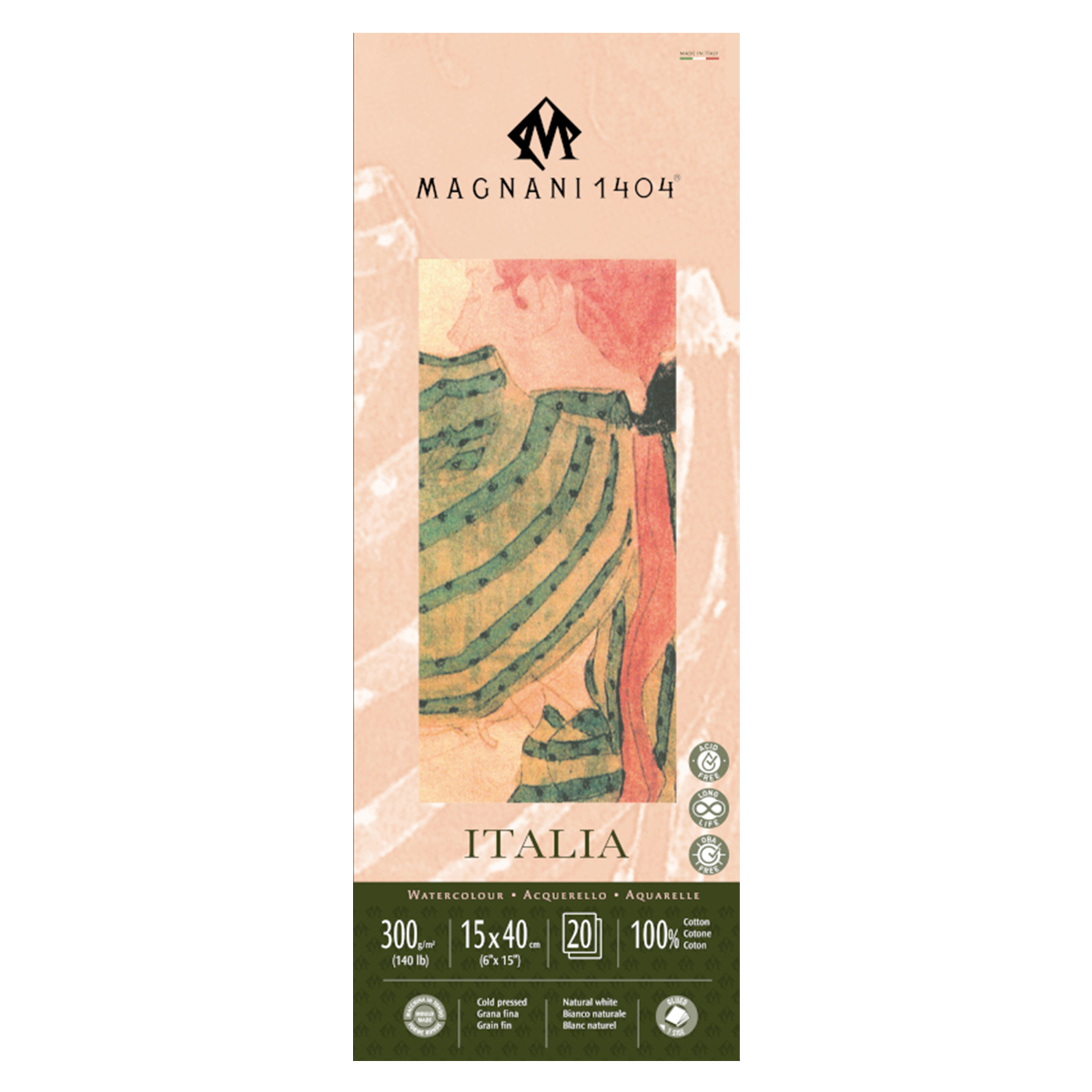 Magnani Akvarellblock Italia 100%Bomull Fin Gräng 15x40 cm 20 ark