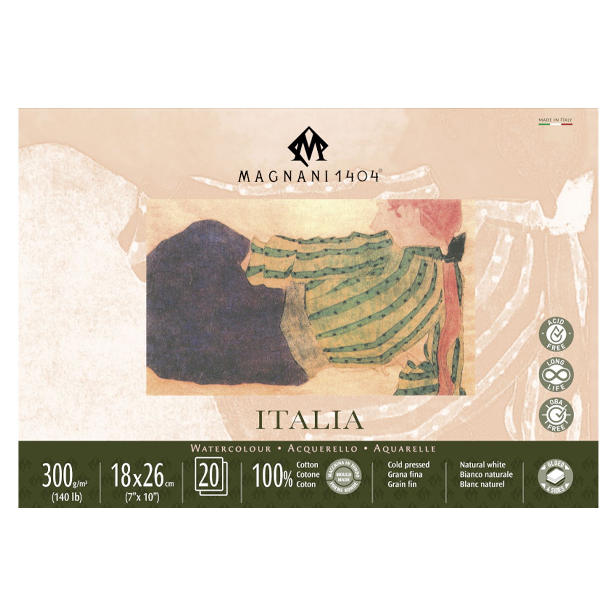 Magnani Akvarellblock Italia 100%Bomull Fin Gräng 18x26 cm 20 ark