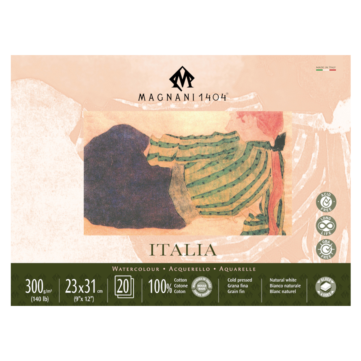 Magnani Akvarellblock Italia 100%Bomull 300gFin Gräng 23x31 cm 20 ark
