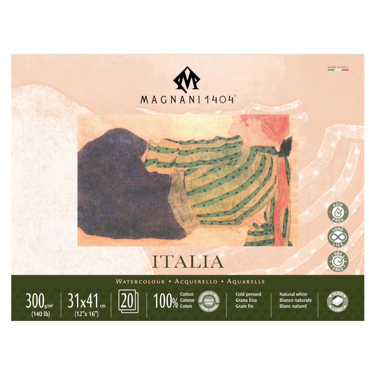 Magnani Akvarellblock Italia 100%Bomull Fin Gräng 31x41 cm 20 ark
