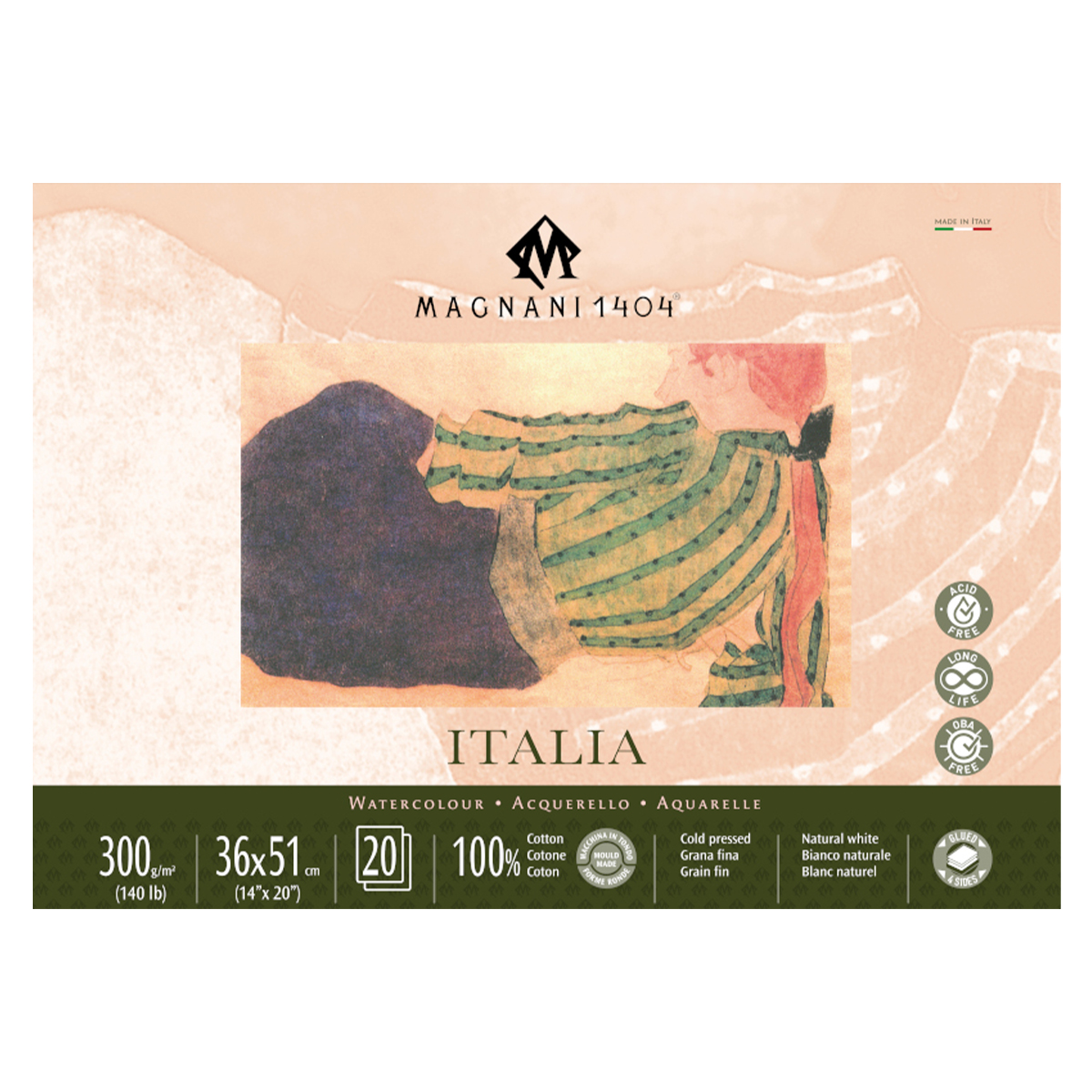 Magnani Akvarellblock Italia 100%Bomull Fin Gräng 36x51 cm 20 ark